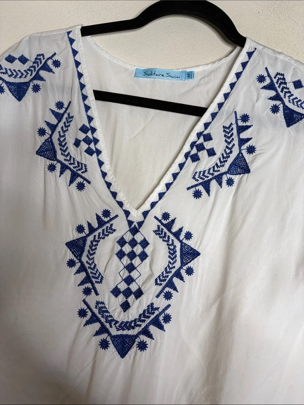 Solitaire White V-Neck Tunic with Blue Embroidery
